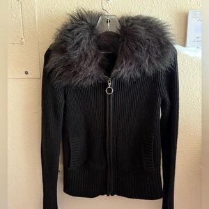 Y2K style faux fur collar zip up ribbed cardigan